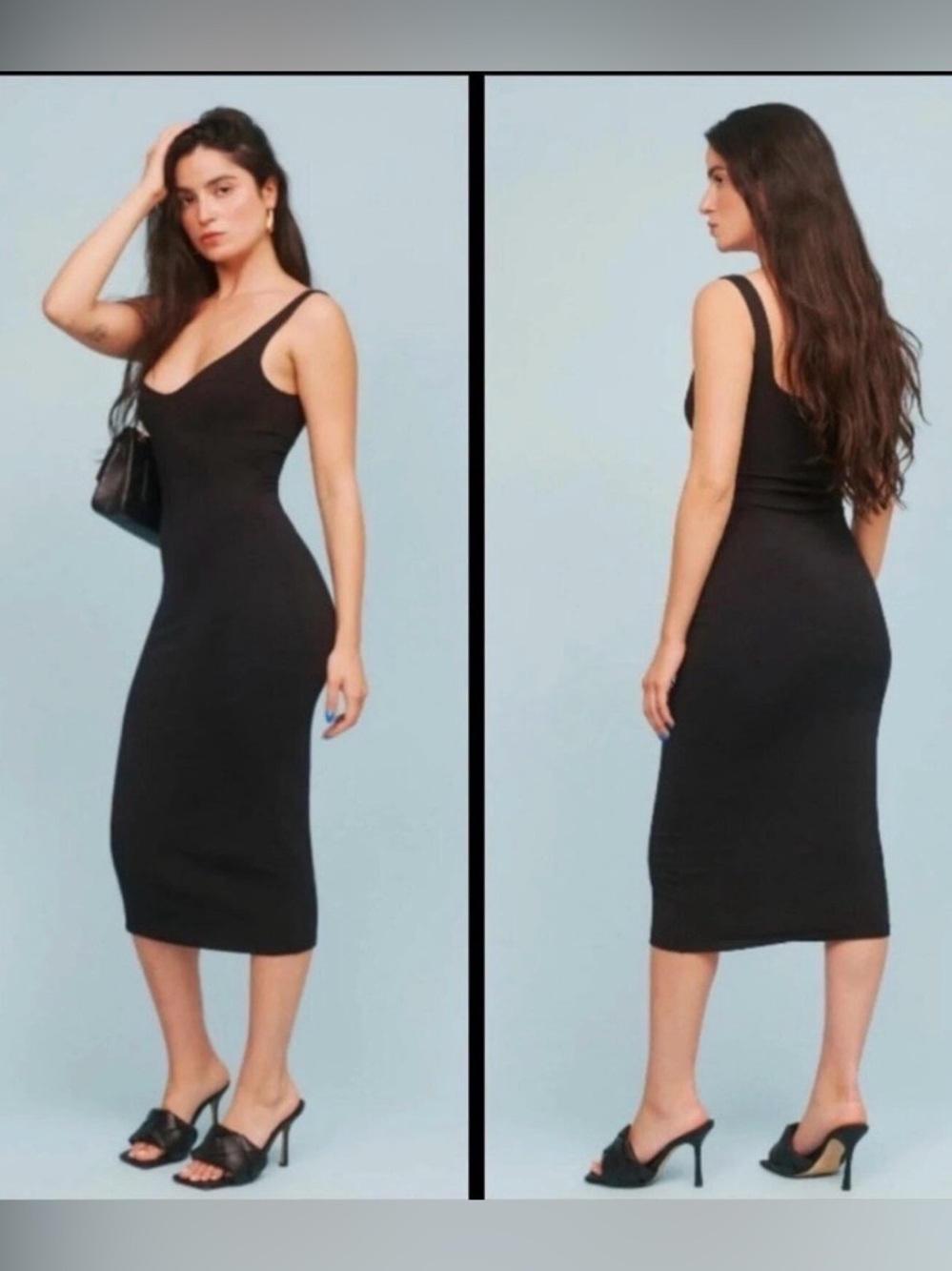 Reformation Braun Bodycon Midi Dress Women M Black Ribbed Cotton Babydoll